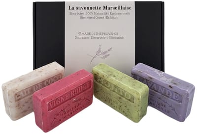 Zeep brievenbuscadeau: Lait de coco, Mojito, Lavendel scrub, Vigne rouge