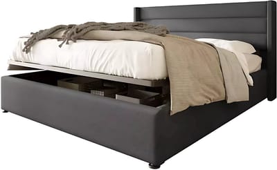 Bed 140x200 cm Grijs - Metalen en Linnen, Opbergbed en Opbergruimte met met Hydraulisch Systeem - Voor Slaapkamer