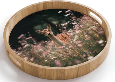 Dienblad rond 40x40 cm - Schootdienblad hout - Hert - Wilde bloemen - Bos - Borrelplank rechthoek - Plateau houten dienbladen