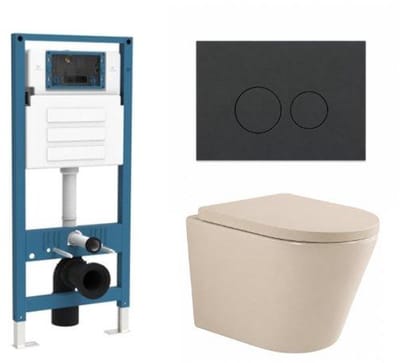 QeramiQ Dely Toiletset - inbouwreservoir Qeramiq Flush - 35mm zitting - kunststof mat antraciete bedieningsplaat - ronde knoppen - beige