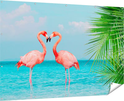 Gards Tuinposter Twee Flamingo's in een Hart Vorm in het Water - 180x120 cm - Tuindoek - Tuindecoratie - Wanddecoratie buiten - Tuinschilderij