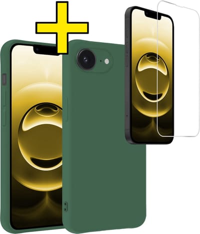 Hoesje - Met Screenprotector - Geschikt voor Apple iPhone 16e - Sterk & Shockproof - Back Cover - Siliconen Case - Telefoon Hoes - Telefoonhoesjes - Donkergroen
