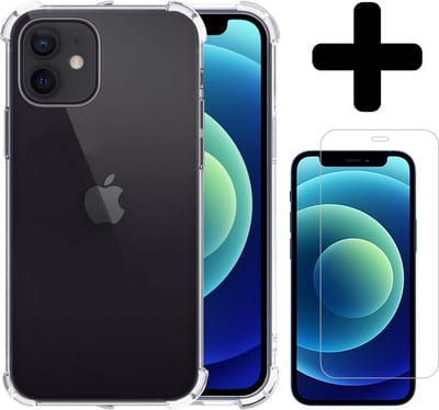 Hoesje - Met Screenprotector - Geschikt voor Apple iPhone 12 - Sterk & Shockproof - Back Cover - Siliconen Case - Telefoon Hoes - Shock Proof - Telefoonhoes - Transparant