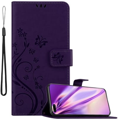 Cadorabo Hoesje geschikt voor Huawei P40 in BLOEMEN DONKER PAARS - Beschermhoes in bloemmotief met magnetische sluiting, standfunctie en kaartsleuven Book Case Cover Etui