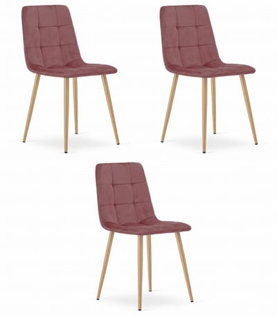 Set van 3 Eetkamerstoelen KARA Donkerroze – Velvet Bekleding, Ergonomisch Design, Houtlook Metalen Poten, Comfortabele Zitting, Max. 120 kg