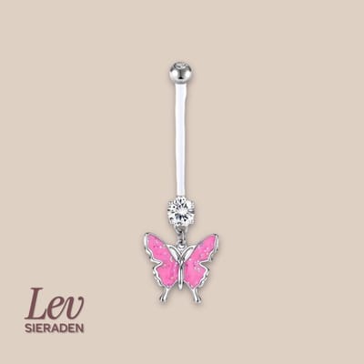 Lev Sieraden - 1.6x38mm zwangerschaps piercing - Roze enamel vlinder - UV acryl piercing - PTFE/Bioplast/Bioflex