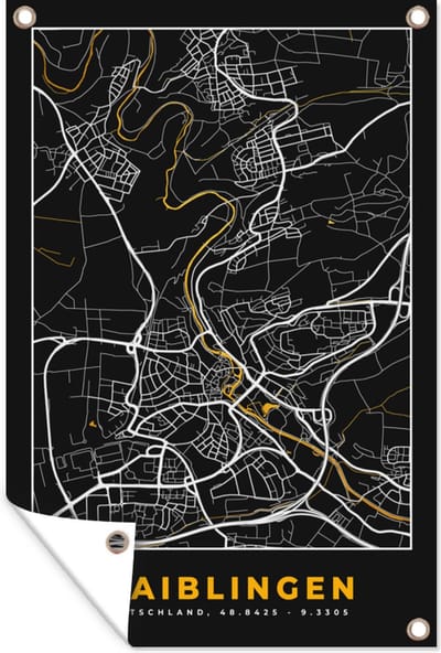 Muurdecoratie Black and Gold – Stadskaart – Waiblingen – Duitsland – Plattegrond – Kaart - 120x180 cm - Tuinposter - Tuindoek
