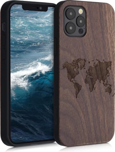 kwmobile telefoonhoesje geschikt voorApple iPhone 12 / iPhone 12 Pro - Hoesje met bumper - hout - In donkerbruin Wereldkaart design