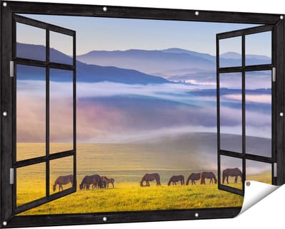 Gards Tuinposter Doorkijk Kudde Wilde Paarden in de Wei bij Heuvels - 150x100 cm - Tuindoek - Tuindecoratie - Wanddecoratie buiten - Tuinschilderij