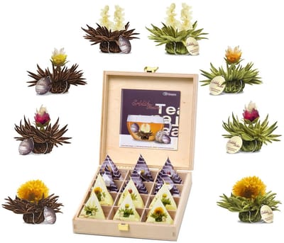 Creano Teelini theebloemen in kopformaat, cadeauset in houten theekist, 12 Erblühteelini in 8 soorten - witte thee & zwarte thee