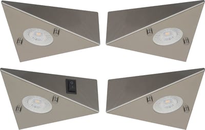 Trango Set van 4 Keukenverlichting 6739-42 incl. 4x 4,8 Watt LED module 3000K warm wit AAN/UIT schakelaar *COOK* RVS inbouwarmatuur, inbouwspot, driehoekige lamp, kastverlichting, keukenlamp