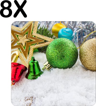 Luxe Placemat - Kerstballen in de Sneew - Kerstsfeer - Set van 8 Placemats - 50x50 cm - 2 mm dik Vinyl - Anti Slip - Afneembaar