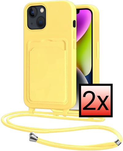 Hoes Geschikt voor iPhone 13 Hoesje Pasjeshouder Cover Met Koord Case Siliconen Hoes Met Telefoonkoord en Kaarthouder - Geel - 2 PACK