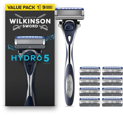Wilkinson Sword Hydro 5 Scheersysteem voor mannen, voordeelverpakking, huidhydratatie, mesjes met carboncoating, 1 handvat + 9 navulmesjes