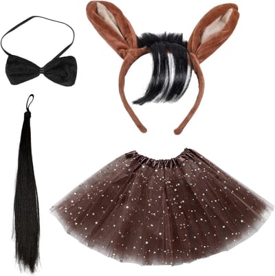 Paard Kostuum Set 4 Delen met Bruine Paardenoortjes, Haarband, Ponytail, Pluche Strik en Tutu voor Kinderen, Perfect voor Kerst, Boerderij Feest en Halloween