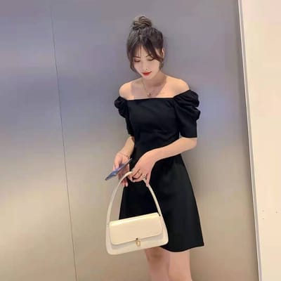 Robe à Manches Bouffantes Été Nouveau Version Coréenne Tempérament Jupe Mince et Fine Col Bardot Jupe pour Femme 2XL noir