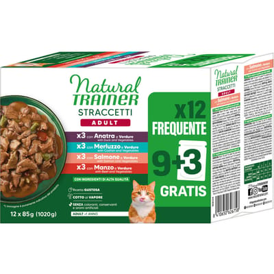 Natural Trainer Straccetti Adult reepjes in saus 12 x 85 g - Mixpakket (Eend, Kabeljauw, Zalm, Rundvlees)