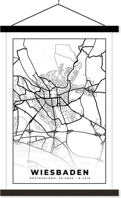 Posterhanger incl. Poster 40x60 cm - Schoolplaat - Stadskaart - Kaart - Plattegrond - Wiesbaden - Textielposter - Zwarte latten - Stadskaart