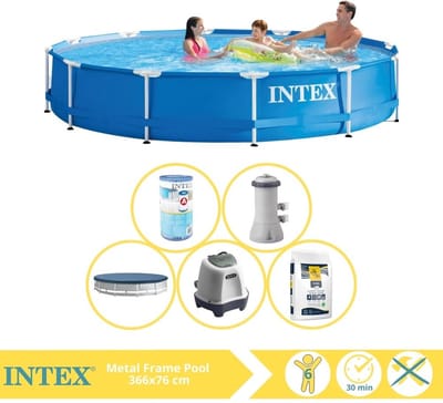 Intex Rond Frame Zwembad - 366 x 76 cm - Blauw - Inclusief Pomp - Afdekzeil - Filter - Zoutwatersysteem - Zwembadzout - 6-delig