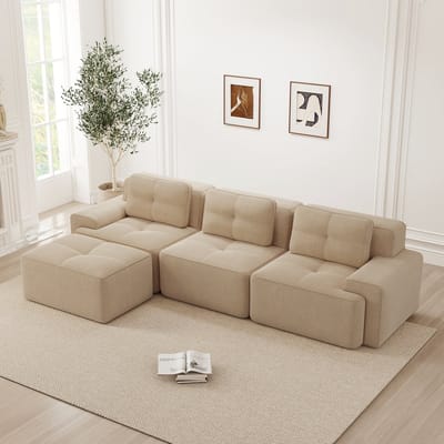 MODENUIT Hoekbank - Modulaire 3-Zits Met Ottoman - Diepe Zitting En Montagevrij - Voor Woonkamer - Ribstof Beige