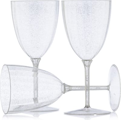 Decorline - 48 wijnglazen van premium kunststof met zilverglitter, herbruikbare cocktailglazen voor bruiloften en feestjes, 200 ml, herbruikbaar en stabiel- Duurzaam wijnglas voor voor Kerstmis,Bruiloften, Verjaardagen, Feesten en Evenementen.