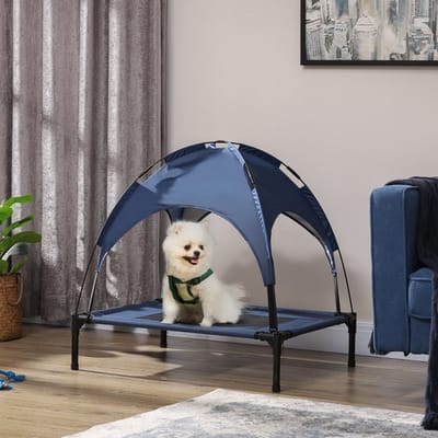 Wishdor Hondenbed Met Luifel - Verhoogd En Ademend - Met Antislip Voeten - Voor Buiten - Stalen Frame Met Slijtvaste Stof - Donkerblauw