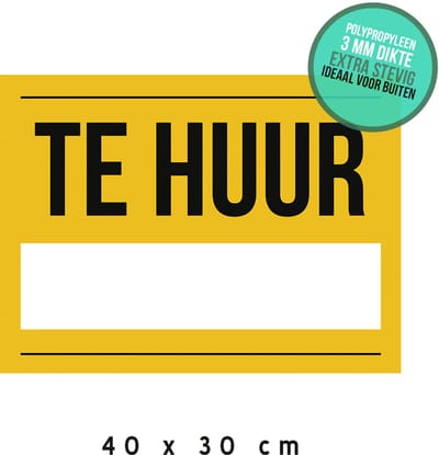 Bord/ aankondiging | "Te huur" | 40 x 30 cm | Ideaal voor buiten | For rent | Huis verhuren | Kunststof | Honingraatstructuur | Geel | 1 stuk