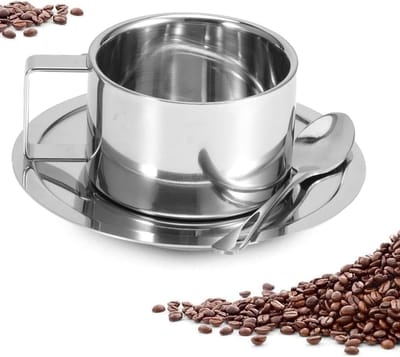 Set van 3 RVS Dubbelwandige Koffiemokken met Lepel en Schotel voor Latte, Cappuccino en Espresso - Perfecte Keukenaccessoires voor Koffieliefhebbers