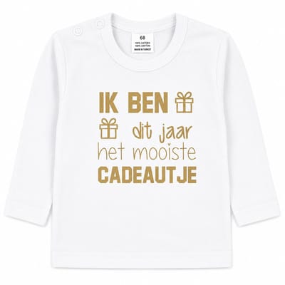Shirtje baby tekst eerste Kerstmis cadeau | ik ben dit jaar het mooiste cadeautje | Lange | wit met goud | maat 56 | cadeautje verjaardag geboorte kraamcadeau zwangerschap aankondigen | mama oma opa oom tante moederdag vaderdag
