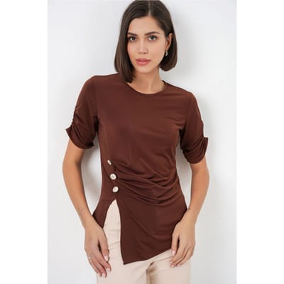 Ronde Hals Geplooide Blouse