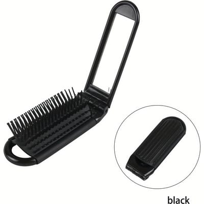 Brosse à Cheveux Pliable de Voyage Portable avec Miroir Peigne à Cheveux Compact de Poche Brosse à Cheveux de Massage de Coiffure noir