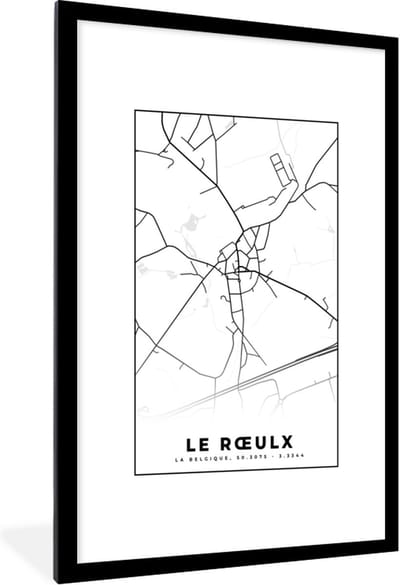 Fotolijst incl. Poster Zwart Wit- Zwart Wit – België – Plattegrond – Stadskaart – Kaart – Le Rœulx - 80x120 cm - Posterlijst