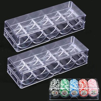 Dailygoods- Poker Chips Set - 100 Chips - Transparante Acryl Box - Duurzaam en Robuust - Geschikt voor Feest en Casino - 5 Rijen voor Organisatie