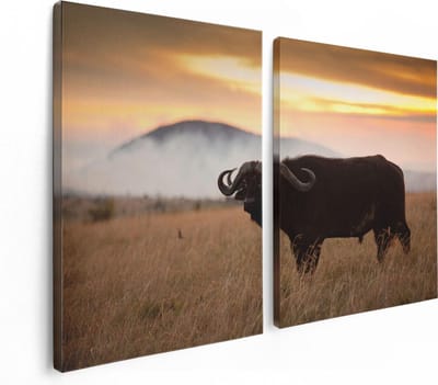 Artaza Canvas Schilderij Tweeluik Buffel in het Gras - 120x80 - Foto Op Canvas - Canvas Print