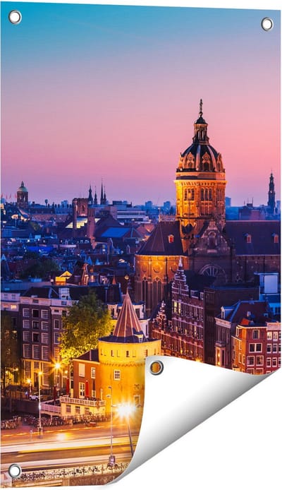 Gards Tuinposter Amsterdam Skyline bij Zonsondergang - 40x60 cm - Tuindoek - Tuindecoratie - Wanddecoratie buiten - Tuinschilderij