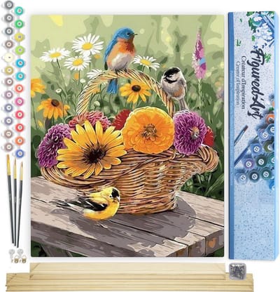 Figured'Art Schilderen op Nummer Volwassenen canvas Bloemen in een mand en vogels - Handwerk acrylverf Kit DIY Compleet - 40x50cm met DIY houten lijst
