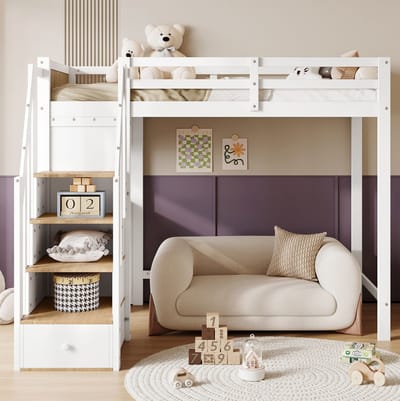 MEUNIQ hoogslaper 90x200 cm met bureau, 3 lades, open opbergvak en trapkast, kinderbed met uitvalbeveiliging, wit/naturel voor kinderkamer