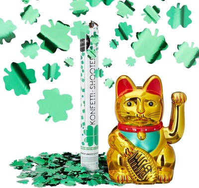 2-delige geluksset - maneki neko - gelukskat 16 cm - party popper klavertje vier