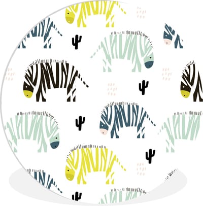 WallCircle® Wandcirkel 30x30 cm - Muurcirkel Zebra - Cactus - Wit - Muurdecoratie woonkamer - Wanddecoratie slaapkamer - Kamer decoratie accessoires - Ronde schilderijen