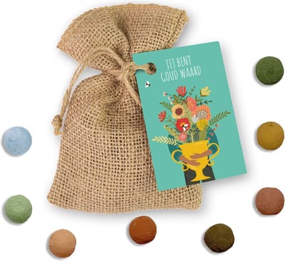 Blossombs Bloembommetjes in Jute Cadeauzakje - 8 Zaadbommetjes - Jij Bent Goud Waard!