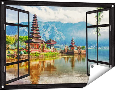 Gards Tuinposter Doorkijk Pura Tempel in Bali op het meer Beratan - 90x60 cm - Tuindoek - Tuindecoratie - Wanddecoratie buiten - Tuinschilderij