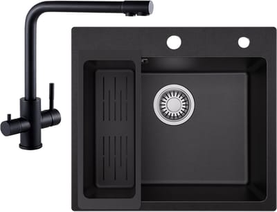 SOFETIY MAX Granieten Spoelbak Zwart / Antraciet (50*45cm) - Spoelbak Keuken Met 3 Wege Keukenkraan - Spoelbakken Keuken – Wasbak Keuken Met Waterafvoersysteem
