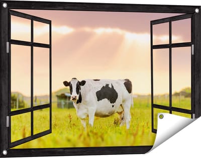 Gards Tuinposter Doorkijk Zwart Wit Koe in de Wei bij Zonsopkomst - 90x60 cm - Tuindoek - Tuindecoratie - Wanddecoratie buiten - Tuinschilderij