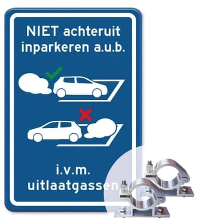 Parkeerbord Niet achteruit inparkeren - uitlaatgassen - blauw - Weerbestendig Aluminium - 30x45 cm - Bevestiging: Met paalbeugels Ø48mm
