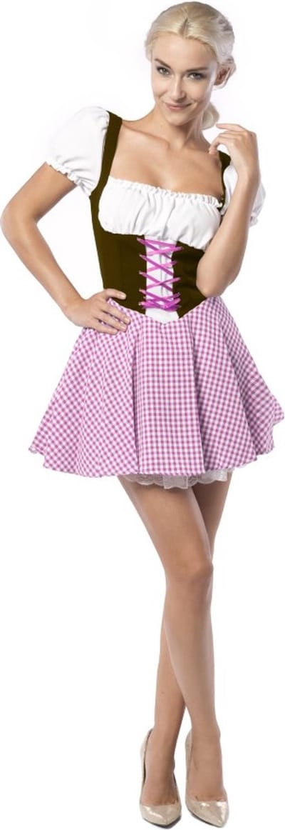 Partychimp Oktoberfest Dirndl Dames Eva Oktoberfest Dames Carnavalskleding Dames Carnaval Kostuum Dames - Polyester - Roze/Bruin - Maat S/36