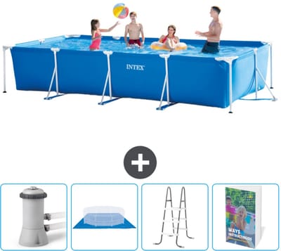 Intex Rechthoekig Frame Zwembad - 450 x 220 x 84 cm - Blauw - Inclusief Zwembadfilterpomp - Grondzeil - Ladder - Zwembadgids