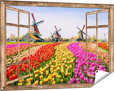 Gards Tuinposter Doorkijk Kleurrijke Tulpen Bloemenveld - Windmolen - 120x80 cm - Tuindoek - Tuindecoratie - Wanddecoratie buiten - Tuinschilderij