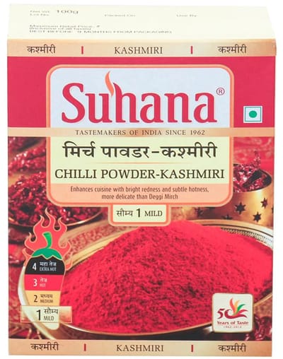 Suhana Kashmiri Chilipowder 100g – Authentiek & Zuiver Kashmir Chilipulver uit India | 100% Natuurlijk, Intens Aroma, Levendige Kleur | Perfect voor Curry’s, Soepen, Marinades & Indiase Gerechten | Premium Kwaliteit met Kajal Sticker
