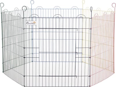 PawHut Welpenlaufstall Welpenauslauf für Haustiere, 6 Stücke 60 cm Welpenzaun, DIY Laufstall, Freilaufgehege mit Tür, Metall, Bunt
