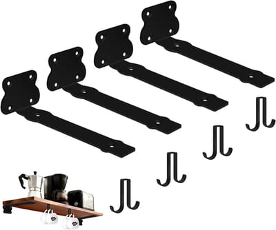 L-vormige planksteunen, 20 cm, 2 paar zwarte steunen met 4 dubbele haken, perfecte oplossing voor doe-het-zelf projecten thuis